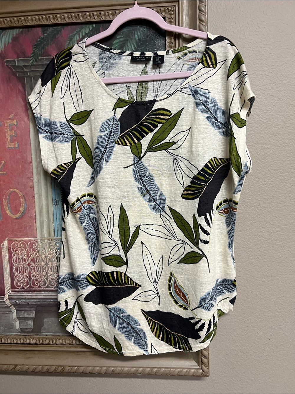 Tahari Linen Women's Top - Cream with Green & Blue Leaf Pattern
